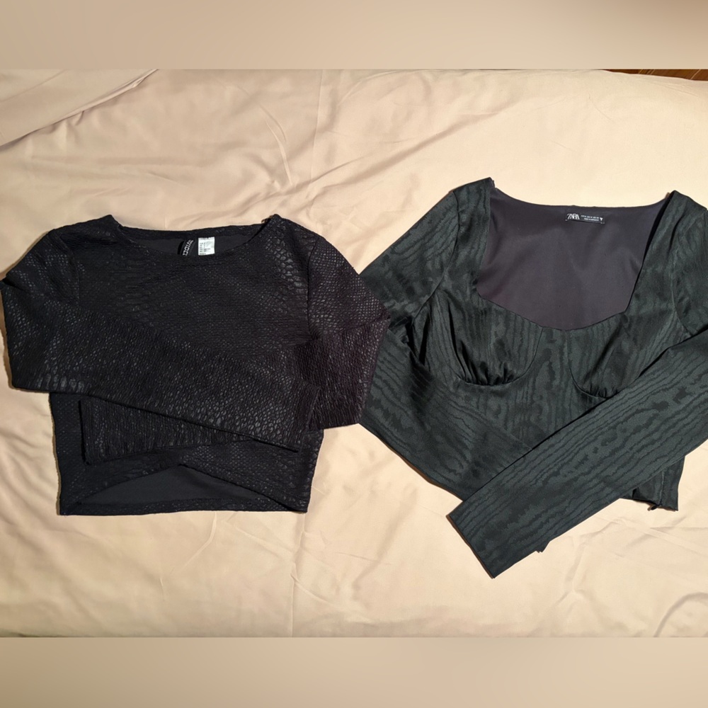 Black Textured Crop Top + Black Bustier Long Sleeve Set